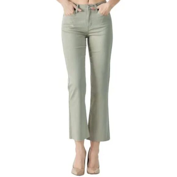 Risen Sage Green Straight Leg Jeans High Rise Raw Hem Earthy Size 15/32 - Picture 1 of 8